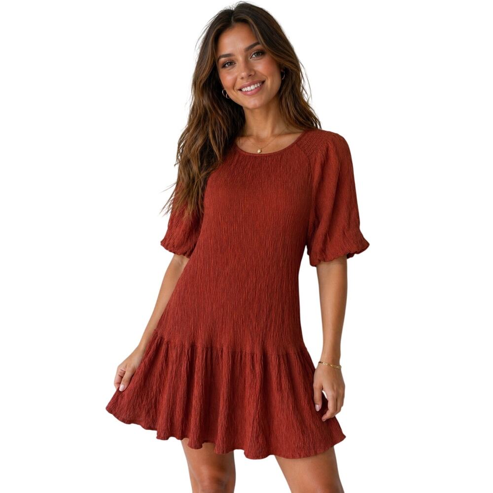 Entro women’s sz sm burnt orange rust metallic fleck dress Ballon sleeves NWOT